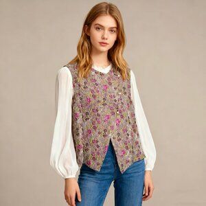 Women's Purple Jacquard Floral Satin Pearl Button Vest One Size